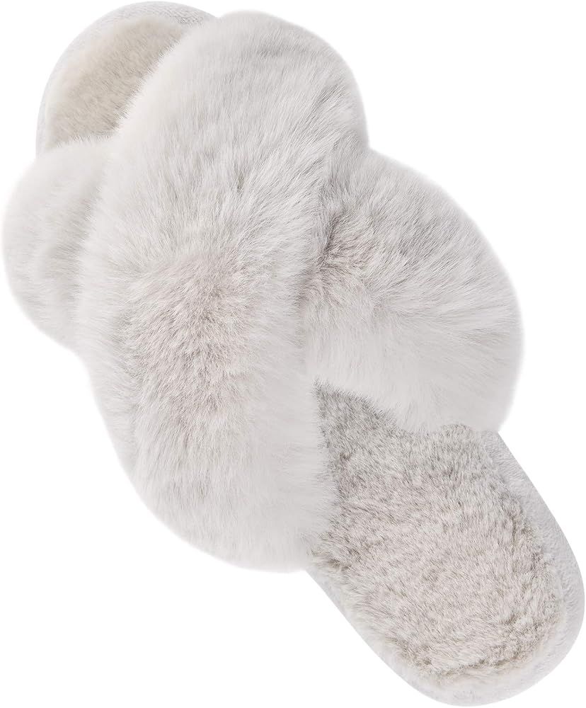 Women's Cross Band Slippers Fuzzy Soft House Slippers Plush Furry Warm Cozy Open Toe Fluffy Home Sho | Amazon (US)