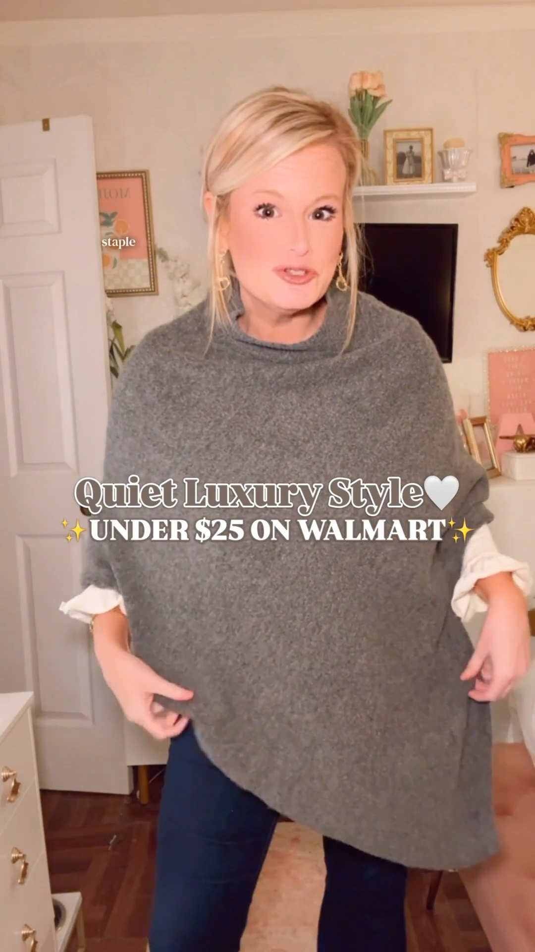 Quiet luxury style • Walmart poncho • elevated winter layers • neutral capsule staple

Quiet luxury style for $24 at Walmart — and this is exactly the kind of piece women actively search for on LTK.

This Time and Tru mock neck poncho is the ultimate elevated winter layer when you want something softer and more interesting than a sweater, cardigan, or blazer. The drape is beautiful, the triangle hem feels intentional, and the ribbed mock neck gives it that clean, minimalist, quiet-luxury finish.

It has that effortless, designer-coded look — polished, neutral, and timeless — without trying too hard. The fabric is mid-weight and cozy, perfect for winter layering, travel days, errands, or casual dinners when you still want to look pulled together.

I’m wearing a S/M and it fits exactly how you want a poncho to fit: relaxed, drapey, and flattering without feeling bulky. It comes in four neutral colors, which makes it an easy capsule piece you’ll reach for all season.

If you love quiet luxury outfits, neutral winter style, elevated basics, and Walmart finds that don’t look like Walmart — this is a must.

Everything is linked so you can shop your favorite neutral. 🤍✨

quiet luxury style, Walmart poncho, Walmart winter style, cozy neutral layers, elevated basics women, minimalist winter outfit, quiet luxury outfit, Walmart fashion finds, neutral capsule wardrobe, chic winter layering, affordable luxury style

#WalmartStyle #WalmartFinds #TimeandTru #LookForLess #QuietLuxury #QuietLuxuryStyle 


#LTKSeasonal #LTKFindsUnder50 #LTKOver40