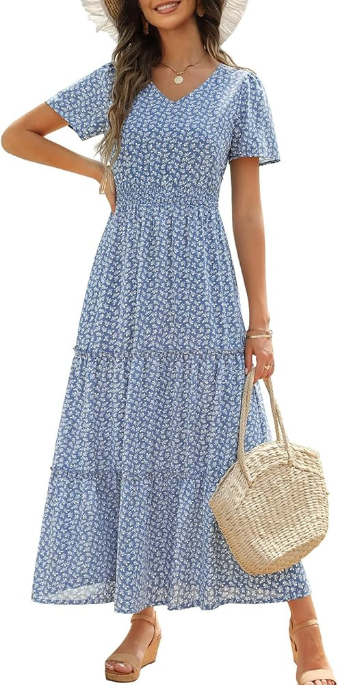 Zattcas Womens 2025 Long Summer Dress Short Flutter Sleeve V Neck Casual Smocked Tiered Modest Fl... | Amazon (US)