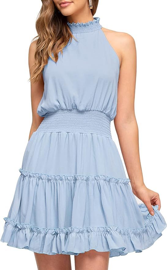 SYZRI Women's Summer Sleeveless Halter Neck Mini Dress Elastic Waist Ruffled A Line Swing Party D... | Amazon (US)