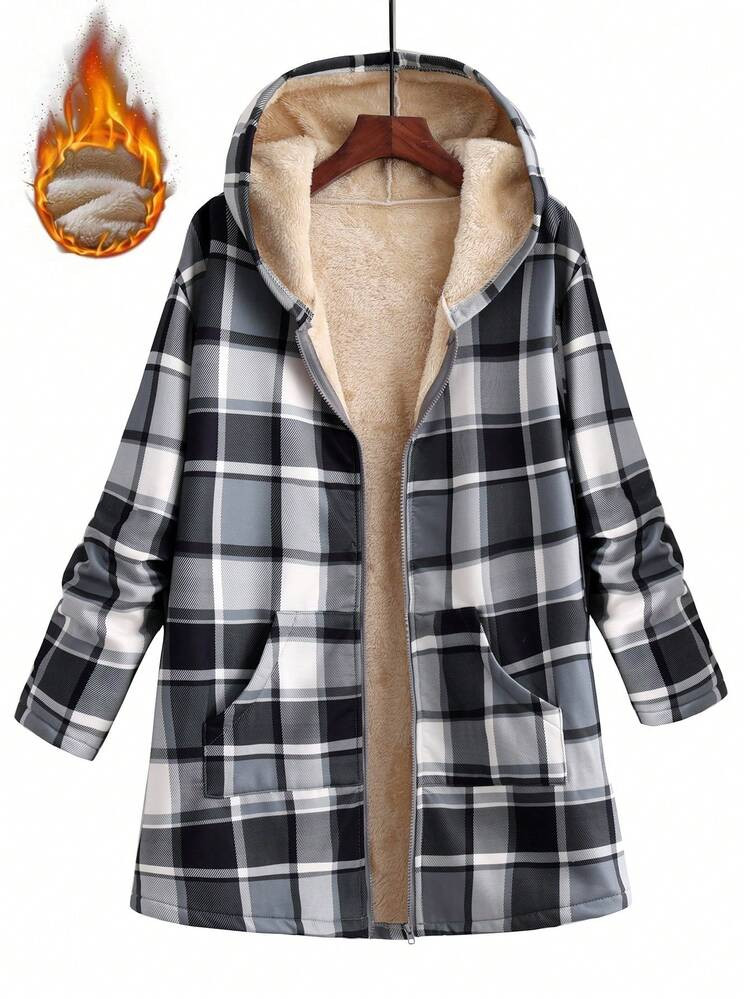 Glissea Plus Size Hooded Zip-Up Plaid Print Thermal Lined Cardigan Jacket, Autumn/Winter | SHEIN