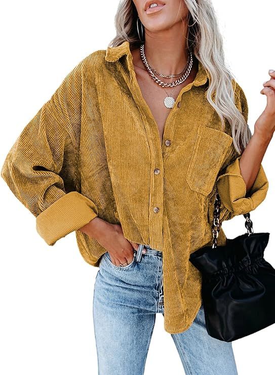 Sidefeel Women Corduroy Long Sleeve Button Down Shirt Oversized Jacket Tops | Amazon (US)