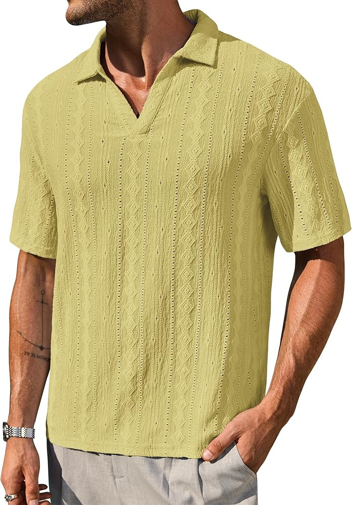 Mens Textured Polo Shirts Knit Hollow-Out Jacquard Casual Vintage V Neck Buttonless Shirt (S-XXL) | Amazon (US)