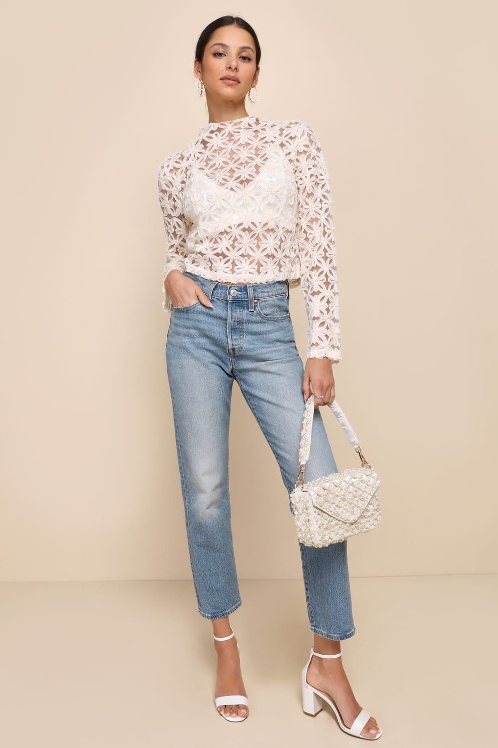 Iconic Persona Ivory Sheer Floral Applique Long Sleeve Top | Lulus