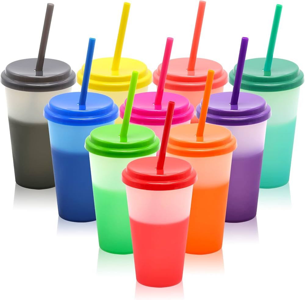 Color Changing Cups with Lids and Straws 10Pcs 12oz Plastic Cups with Lids and Straws for Iced Co... | Amazon (US)
