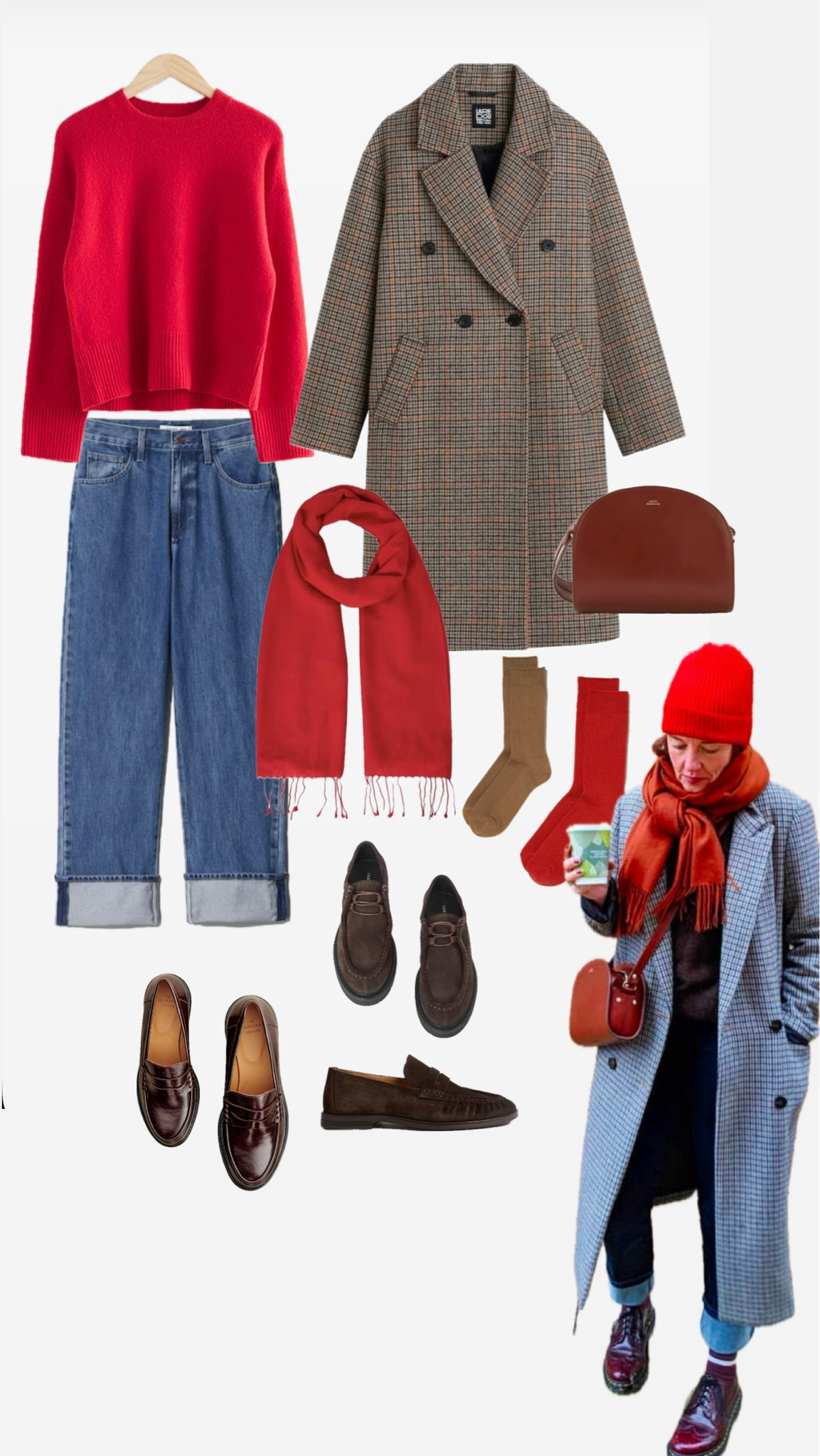 #wtw in January 

Checked coat 
Turn up jeans
Red jumper 
&otherstories 
Suede loafers
Loafers 
Apc
Red scarf

#LTKwinter #LTKstyletip #LTKmidsize