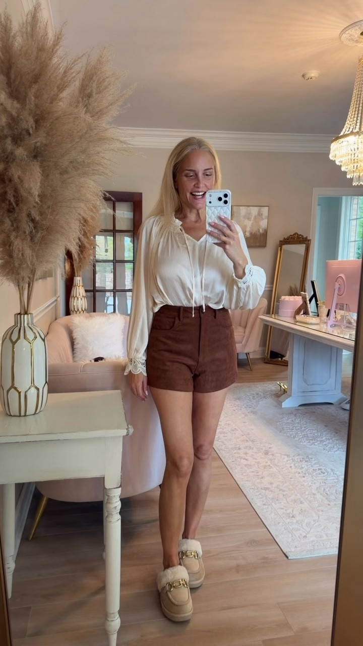The perfect brown suede shorts and silky cream blouse for fall.

#LTKdayinmylife #LTKgrwm #LTKootd
