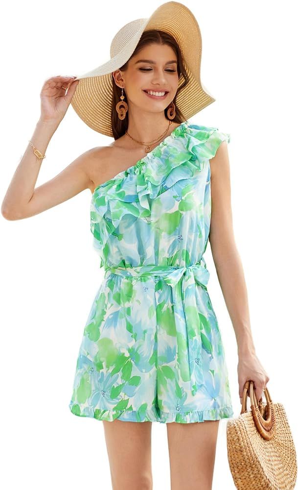 GRACE KARIN Women's Summer One Shoulder Boho Floral Print Shorts Rompers Tie Waist Beach Ruffle S... | Amazon (US)