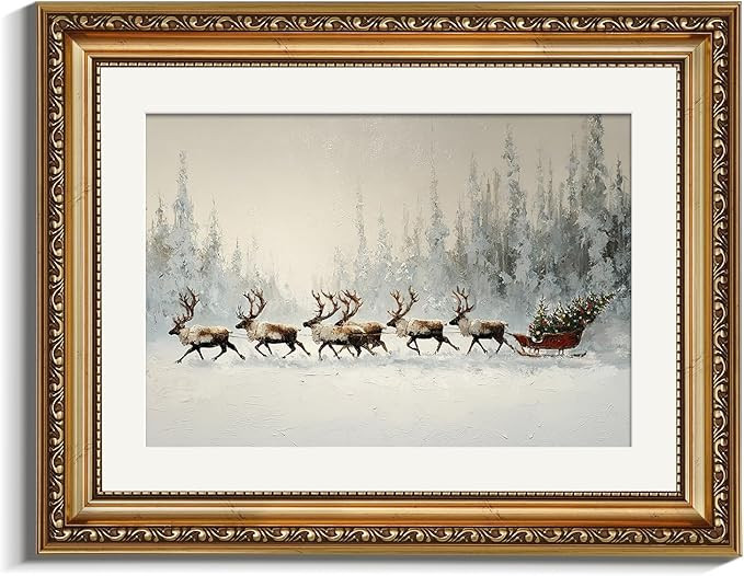 VIYYIEA Vintage Christmas Wall Art Decor Framed Framed Festival Reindeer Pulling Sleigh Painting ... | Amazon (US)