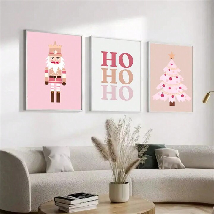 Trends3PCS Christmas Decoration Poster, Pink Theme, Santa Claus, Christmas Number, Canvas Wall De... | SHEIN