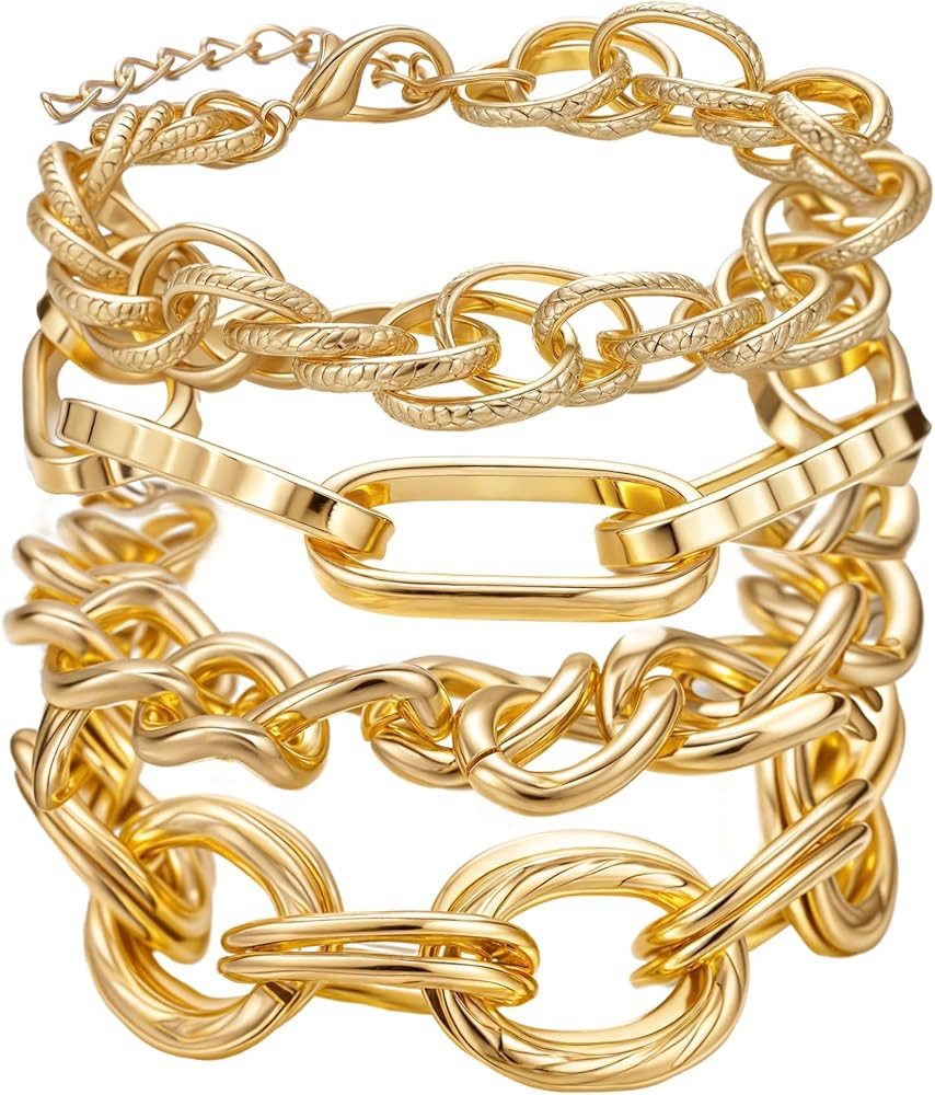Chunky Gold Stackable Bracelets Set for Women Non Tarnish 14K Gold Paperclip Cuban Link Chain Bra... | Amazon (US)