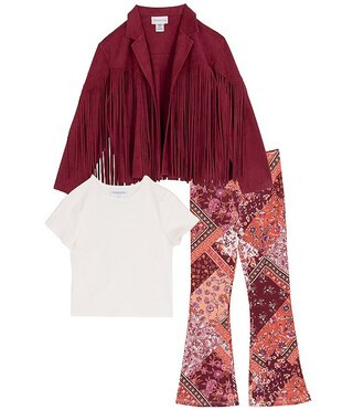 Big Girls Long-Sleeve Fringe-Trimmed Faux-Suede Jacket, Solid Short-Sleeve T-Shirt & Patchwork-Pr... | Dillard's