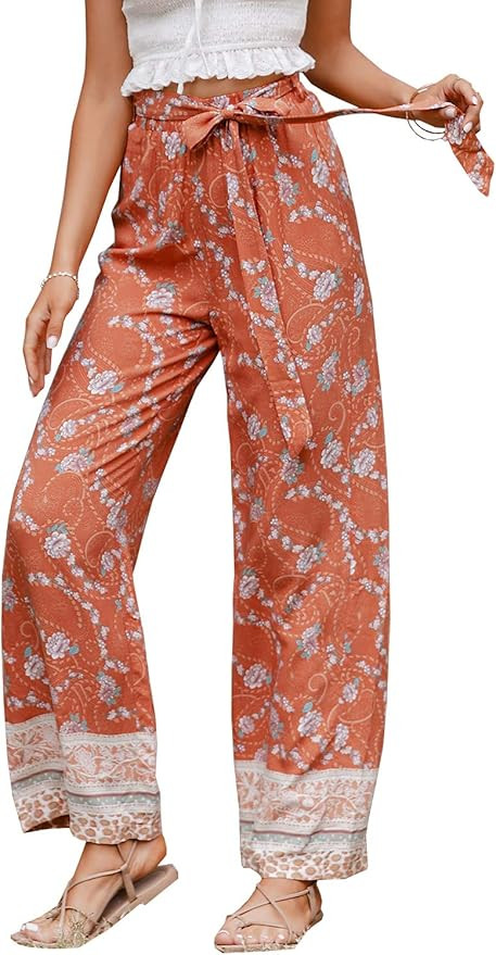 Miessial Women's Summer Boho Tie Waist Pants Loose Wide Leg Beach Hippie Pants with Tassel | Amazon (US)