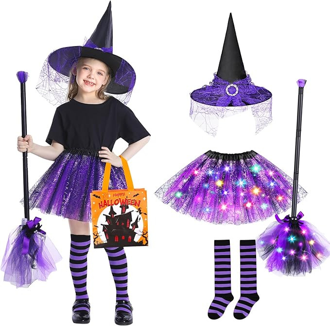 Jeowoqao Girls Halloween Dress up，Light up Witch Costume for Girls, Witch Skirt Broom Hat Treat... | Amazon (US)