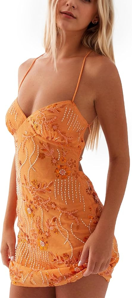 Women Sequin Sparkly Rhinestone Mini Dress Sleeveless Backless Deep V Neck Glitter Short Cami Dre... | Amazon (US)