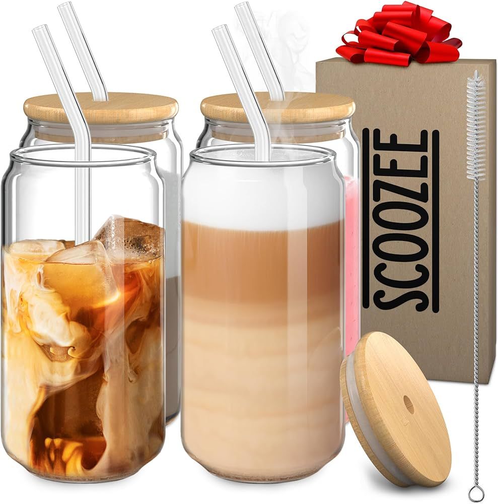 Scoozee Glass Cups with Lids and Straws (18oz, Set of 4) Iced Coffee Cup, Ice Coffee Bar Accessor... | Amazon (US)