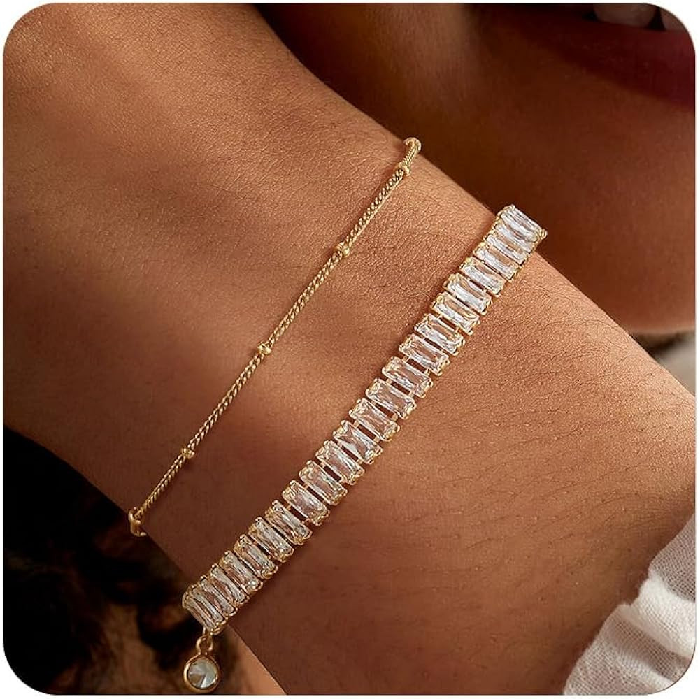 Bracelet for Women Gold Layered Set 14K Gold Filled Stackable Bracelets Trendy Figaro Satellite C... | Amazon (US)