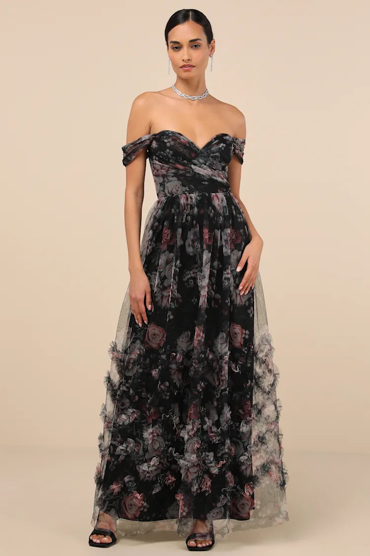 Ideal Beauty Black Floral Mesh Off-the-Shoulder Maxi Dress | Lulus