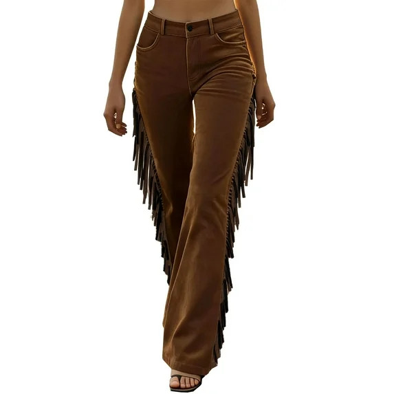 JGGSPWM Women's Western Cowgirl Fringe Corduroy Pants Vintage Stretch High Waisted Bell Bottom Fl... | Walmart (US)