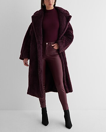 Teddy Maxi Coat + Silky Soft Turtleneck Sweater + Burgundy Coated Skinny Jeans | Express