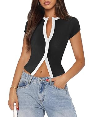 Women's Button Down Shirt Cap Sleeve Tops for Women Button Up Ribbed Knit Slim Fit Casual Y2K Cro... | Amazon (US)