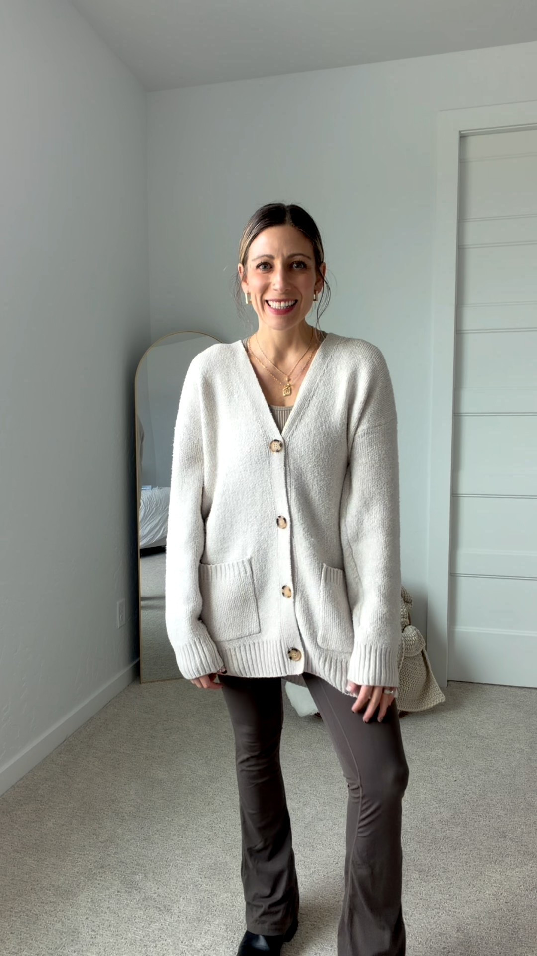 Cozy but still cute — my go-to fall outfit formula 🍂
Wearing this super soft button-up cardigan from Walmart, the Amazon flare leggings that everyone’s loving, my Target Chelsea boots, and a simple Amazon gold necklace to pull it all together.

Everything’s affordable, comfy, and perfect for running errands, school drop-off, or just feeling a little more put together than the usual sweatshirt + leggings day 😌🩶

Cardigan: I’m a medium but def could’ve got a small. 
Brown mini flare leggings: small. Fit good. Very stretchy not a lot of compression. 
Boots Size 9: normal 8.5/9

 fall outfit ideas, Walmart cardigan outfit, Amazon flare leggings, Target Chelsea boots, cozy fall outfit, affordable mom outfit, everyday style

#LTKStyleTip #LTKFindsUnder50 #LTKShoeCrush