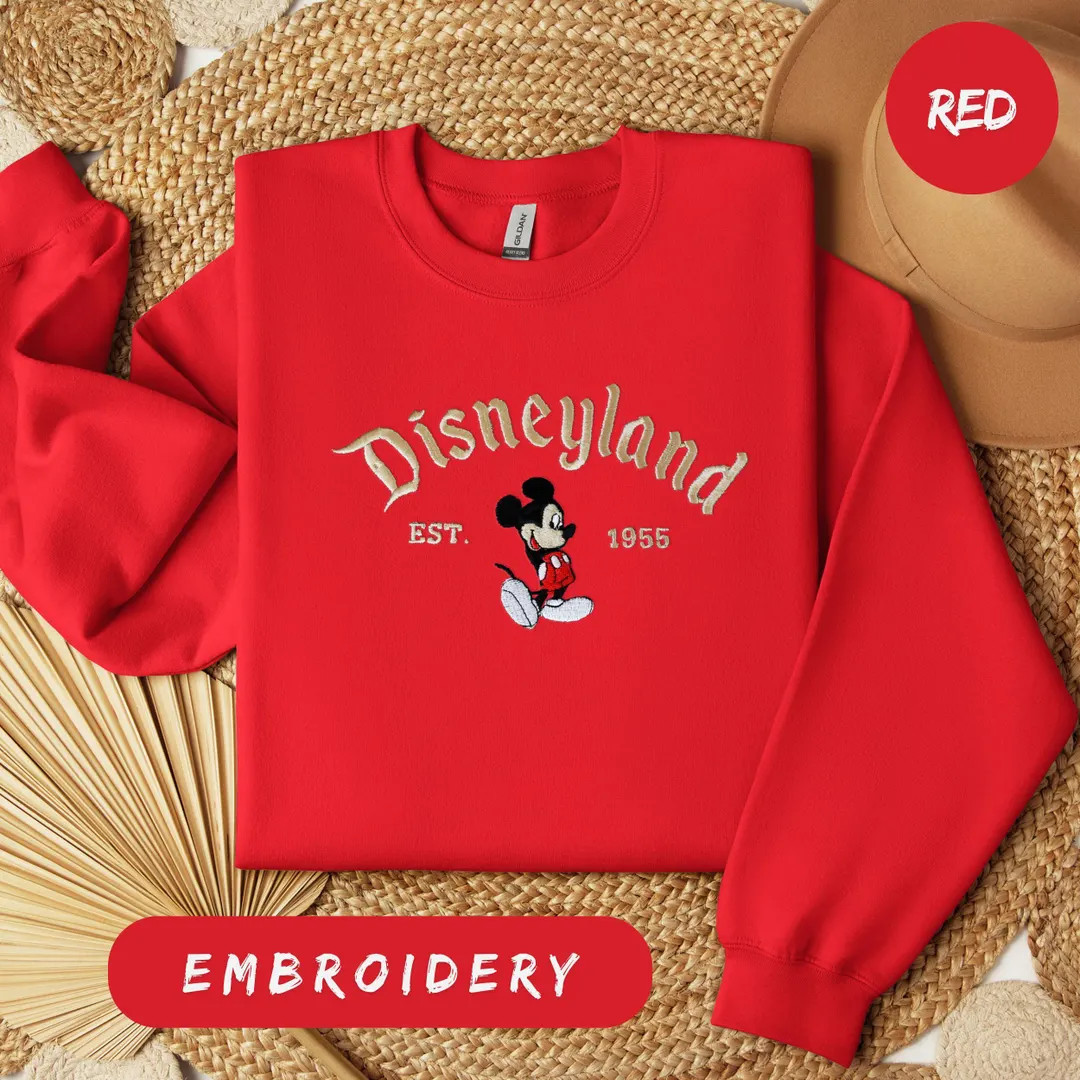 Vintage Disneyland EST 1955 Embroidered Sweatshirt Mickey Mouse Crewneck Comfort Colors Red Pullo... | Etsy (US)
