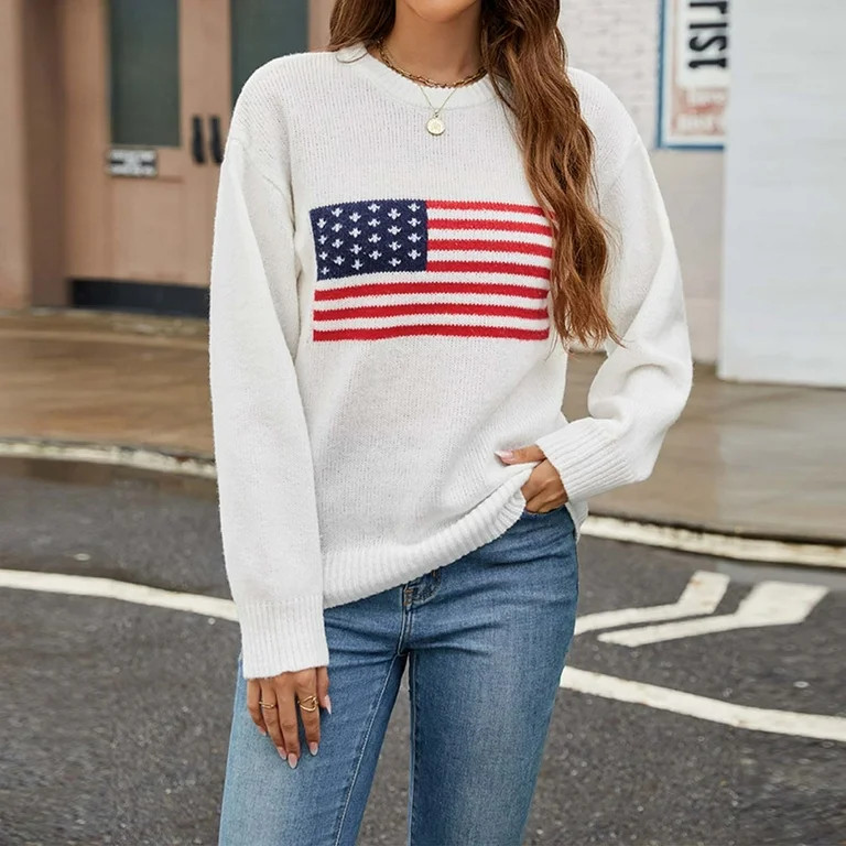 Buigttklop Womens American Flag Sweater Long Sleeve Crew Neck Knitted Casual Pullover Sweater | Walmart (US)
