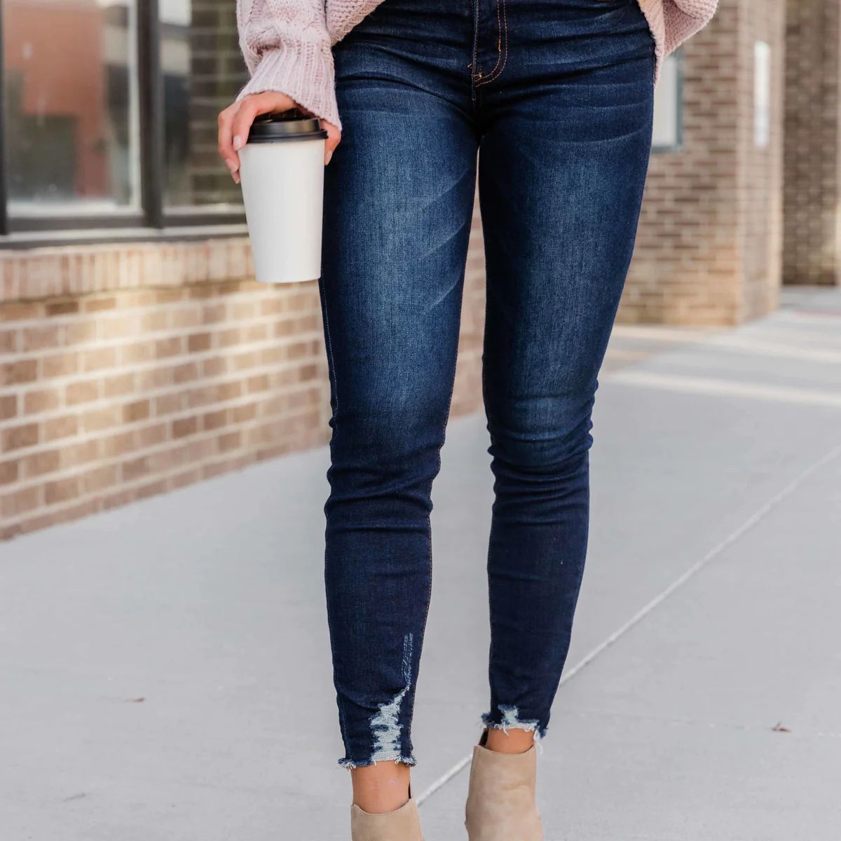 The Kristy Dark Wash Distressed Skinny Jeans | Pink Lily