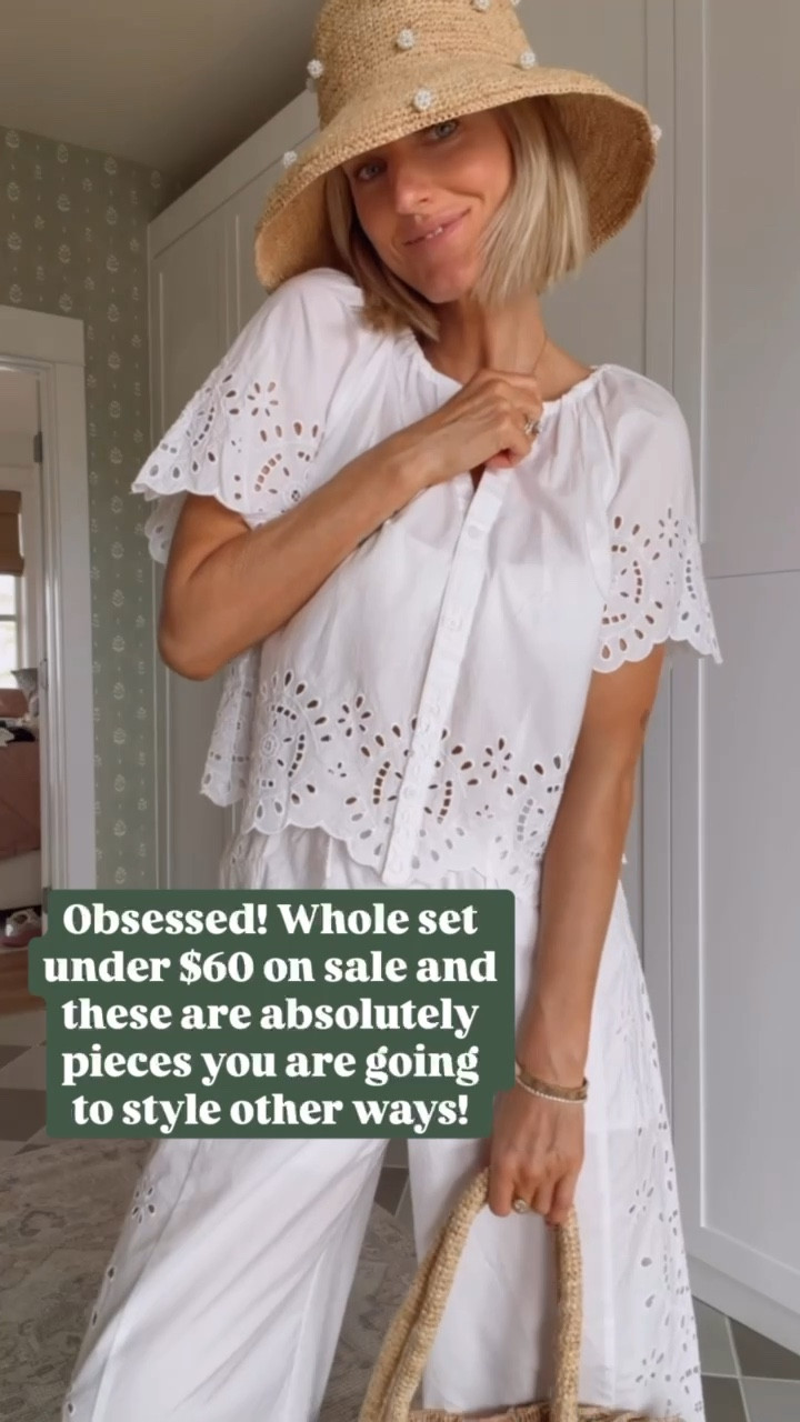 I mean how perfect is this eyelet set?! I can’t believe it is from Target! You can pair these pieces so easily together or separate. This hat is also currently 50% off- I love the pearl embellishment on it! Wearing size XS in the top and s in bottoms. 

Loverly grey, Target style finds, eyelet white cover up, beach resort wear inspo, white matching pant set for summer, spring outfit ideas

#LTKSeasonal #LTKSaleAlert #LTKTravel