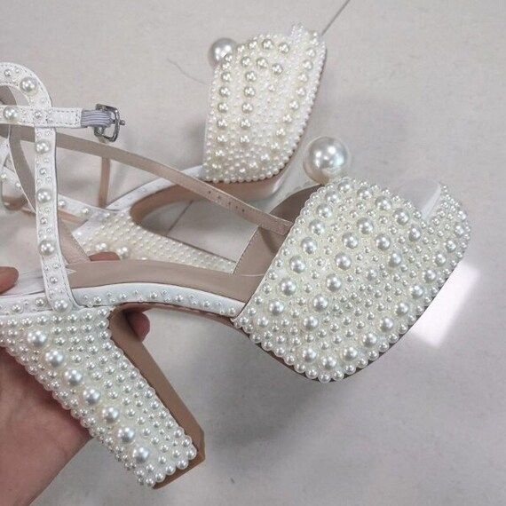 Pearl platform thick heel, peep toe wedding sandal, chunky heel shoe | Etsy (US)
