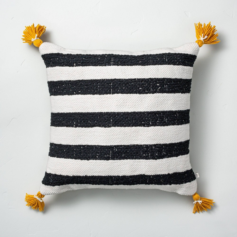 18"" x 18"" Cabana Stripes Indoor/Outdoor Throw Pillow Black/Yellow - Hearth & Hand with Magnolia | Target
