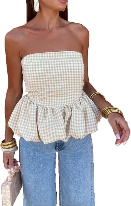 Women Y2k Peplum Tube top Strapless Bubble Bandeau Top Ruffle Hem Flowy Aesthetic Summer Going Ou... | Amazon (US)