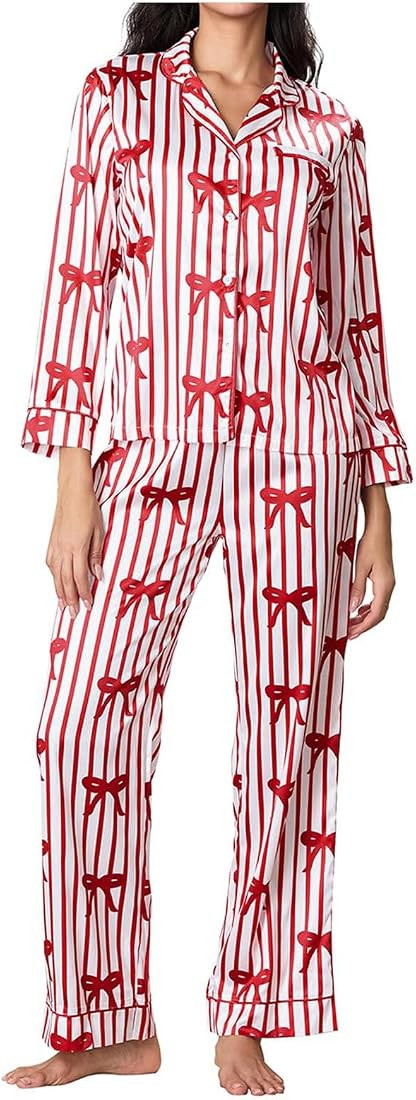 Valentine'S Day Long Sleeve Buttoned Lapel Womens Pajama Sets,Womens Pajama Set,Bow Print Pajamas... | Amazon (US)