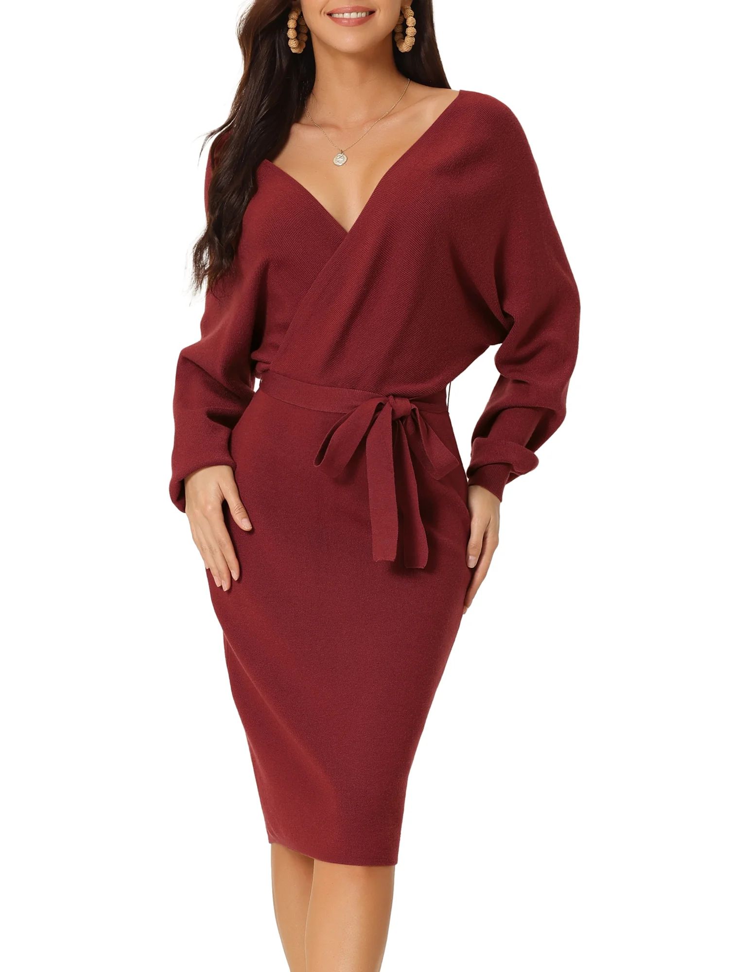 Unique Bargains Women's Deep V Neck Wrap Lantern Sleeve Belted Mini Sweater Dress L Red | Walmart (US)