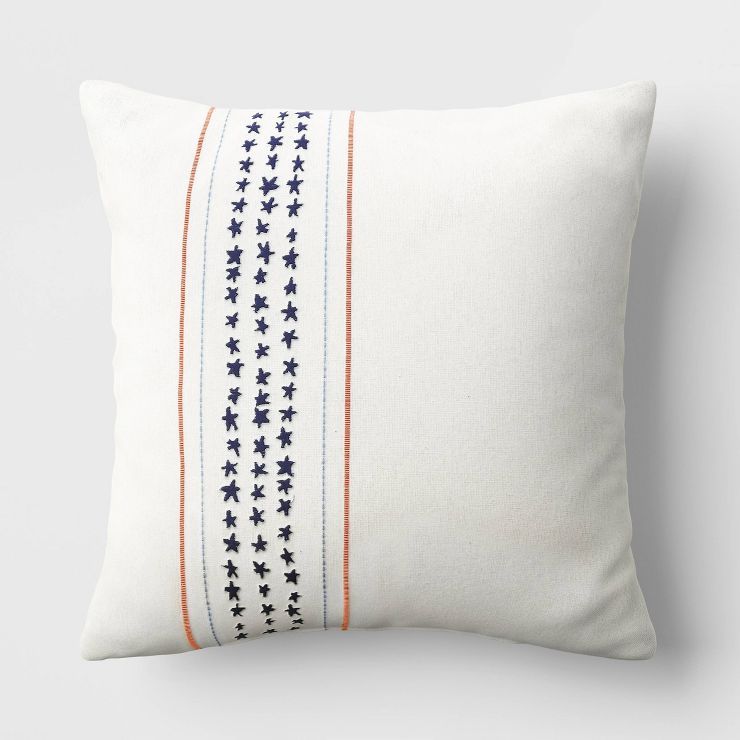 Embroidered Striped Star Square Throw Pillow Ivory/Blue - Threshold™ | Target