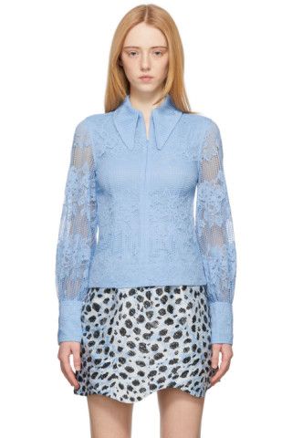Blue Lace Long Collar Blouse | SSENSE