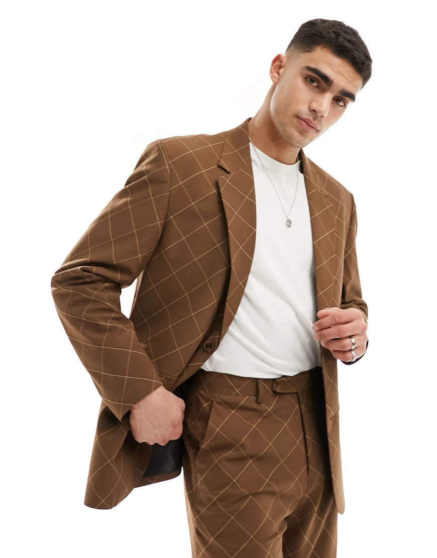 ASOS DESIGN relaxed check suit jacket in brown | ASOS (Global)