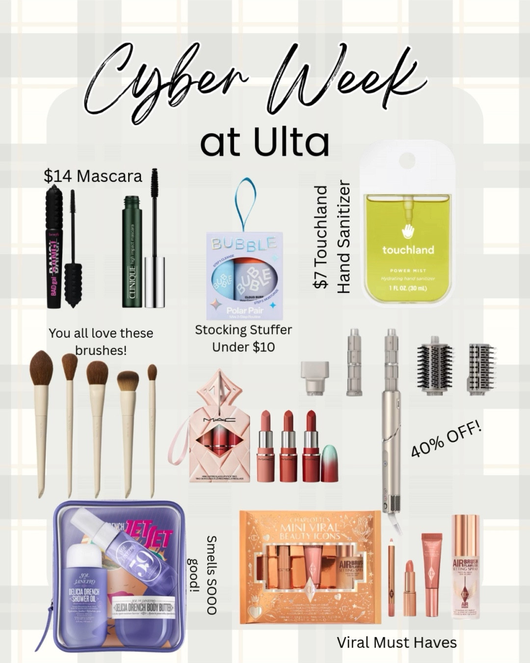 Ulta Cyber Week deals, beauty gift sets, makeup sale, skincare sale, hair care deals, top holiday gifts, best beauty finds, discount fragrances, Cyber Week savings, fan favorite products, affordable beauty picks, stocking stuffers, limited time offers.
Ulta Black Friday
Charlotte tilbury must have set
Charlotte tilbury 
Dyson 
Christmas makeup gift set 

#LTKCyberWeek #LTKGiftGuide #LTKBeauty