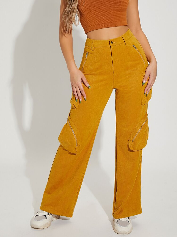 SHEIN High Waist Zip Pocket Suede Pants | SHEIN