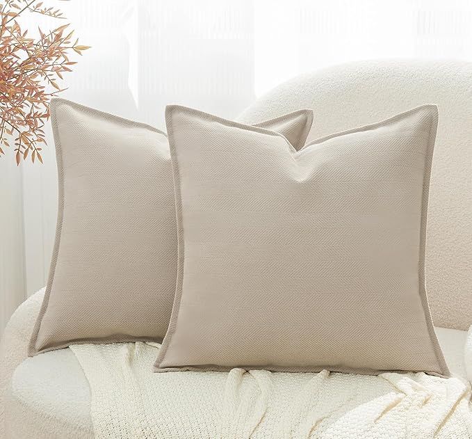 Throw Pillow Covers Neutral Set of 2 18x18 Inch Pillow Covers, Soft Chenille Farmhouse Decorative... | Amazon (US)