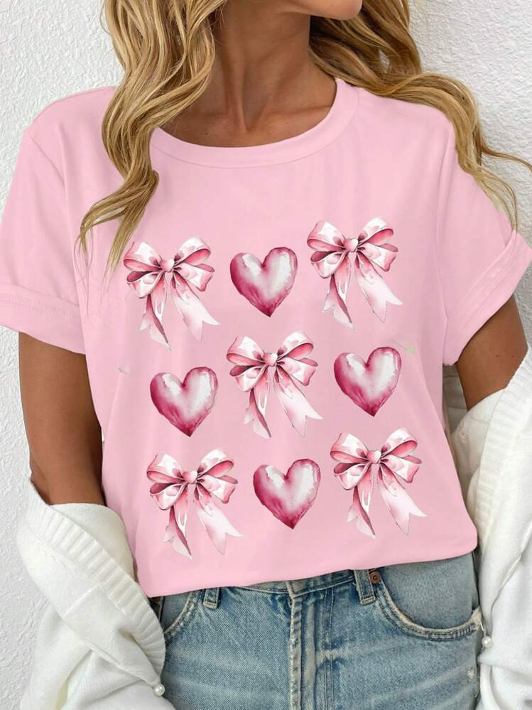 SHEIN LUNE Valentine's Day Plus Size Pink Heart & Bow Lattice Graphic Casual Round Neck T-Shirt, ... | SHEIN