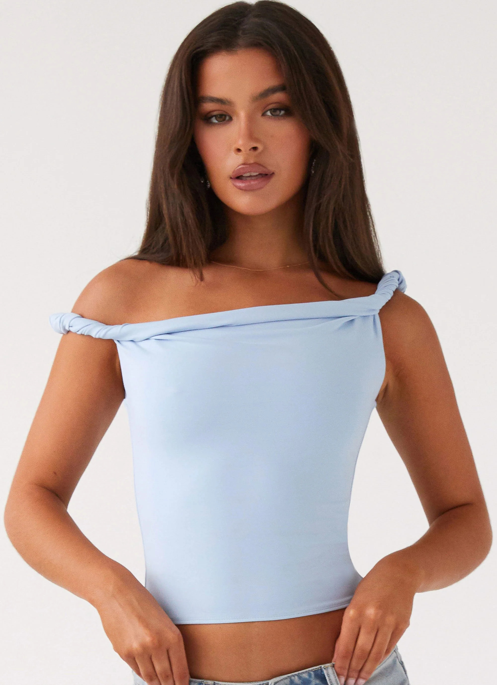 Solace Soul Twist Shoulder Top - Baby Blue | Peppermayo (Global)