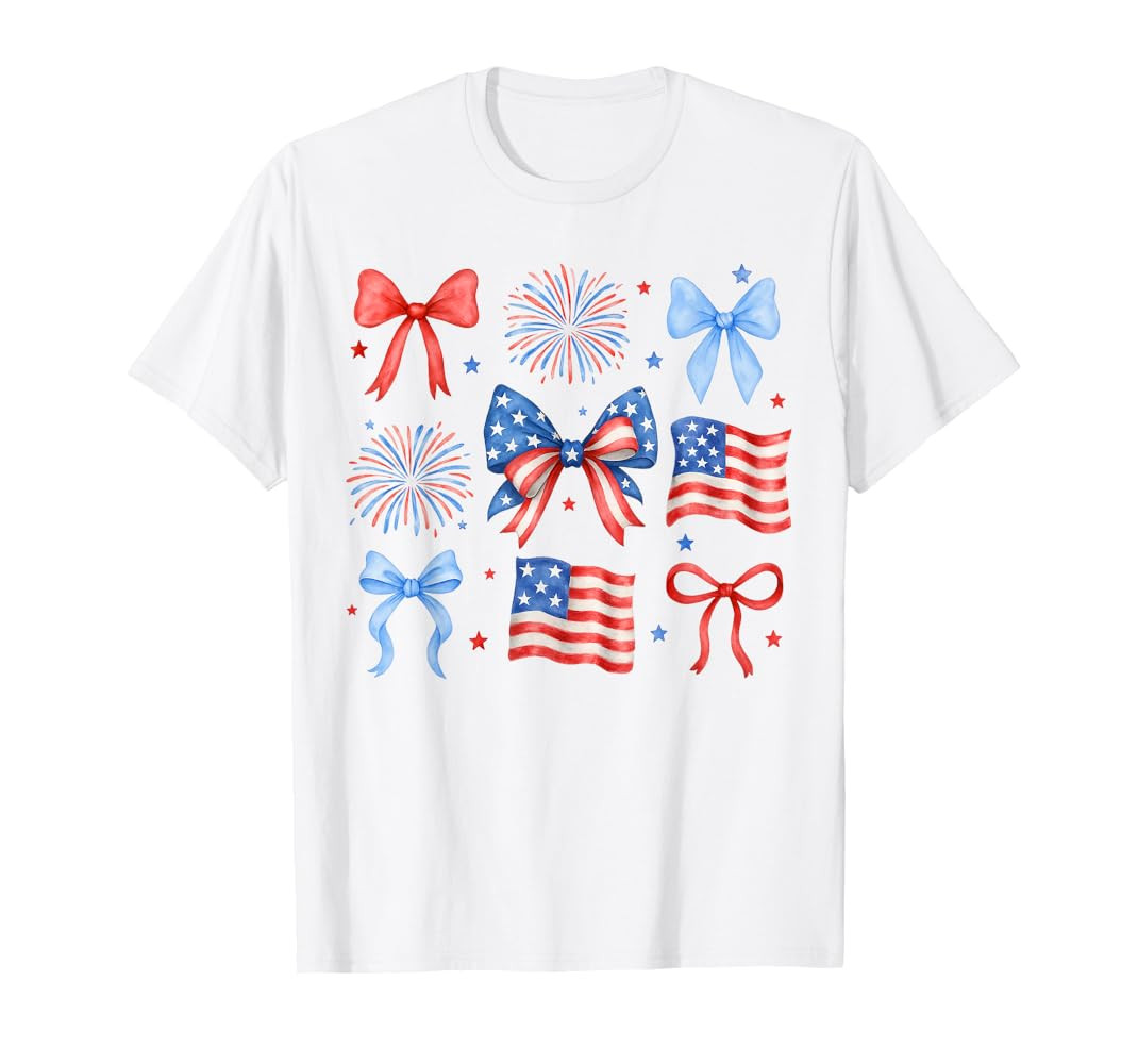 USA Flag Fireworks Bows Patriotic 4th of July Coquette Girls T-Shirt | Amazon (US)