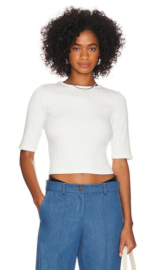 Rib Elbow Short Sleeve Cropped Top in Off White | Revolve Clothing (Global)