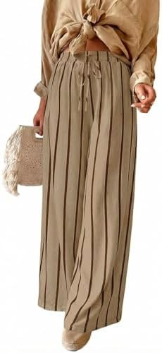 Acelitt Women Casual Drawstring Elastic Waist Striped Wide Leg Pants with Pockets, S-XXL | Amazon (US)
