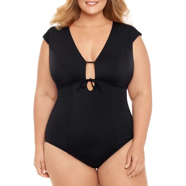 Time and Tru Women's and Women's Plus Size Cap Sleeve One-Piece Swimsuit | Walmart (US)