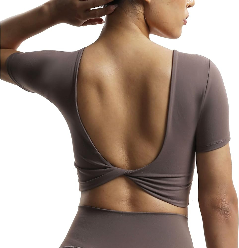 Aoxjox Short Sleeve Crop Tops for Women Emma Backless Twist Back Workout Crop T Shirt Top | Amazon (US)
