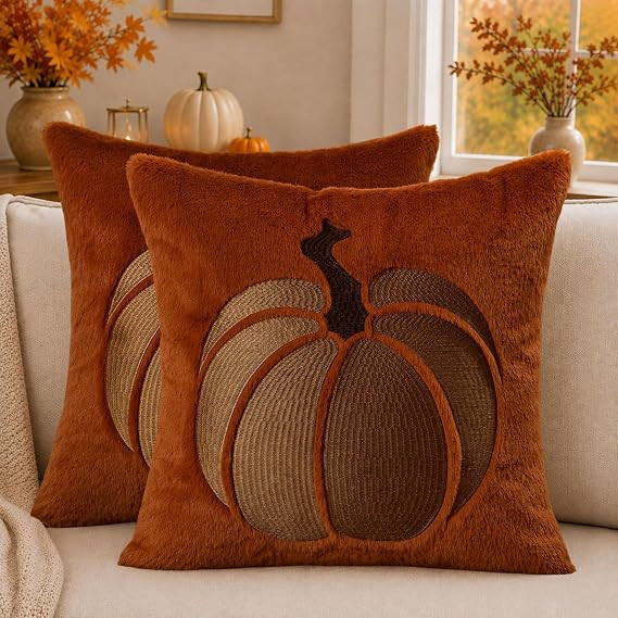 Fall Pillow Covers 18x18 Rust Pumpkin Plush Home Decor QZ07B18 | Amazon (US)