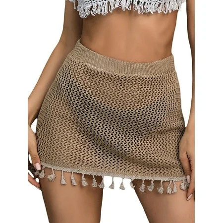 Wassery Women Bikini Cover Ups See-Through Hollow-Out Crochet Swimwear Skirt with Tassel Summer Mini Skirts Beach Sundress | Walmart (US)